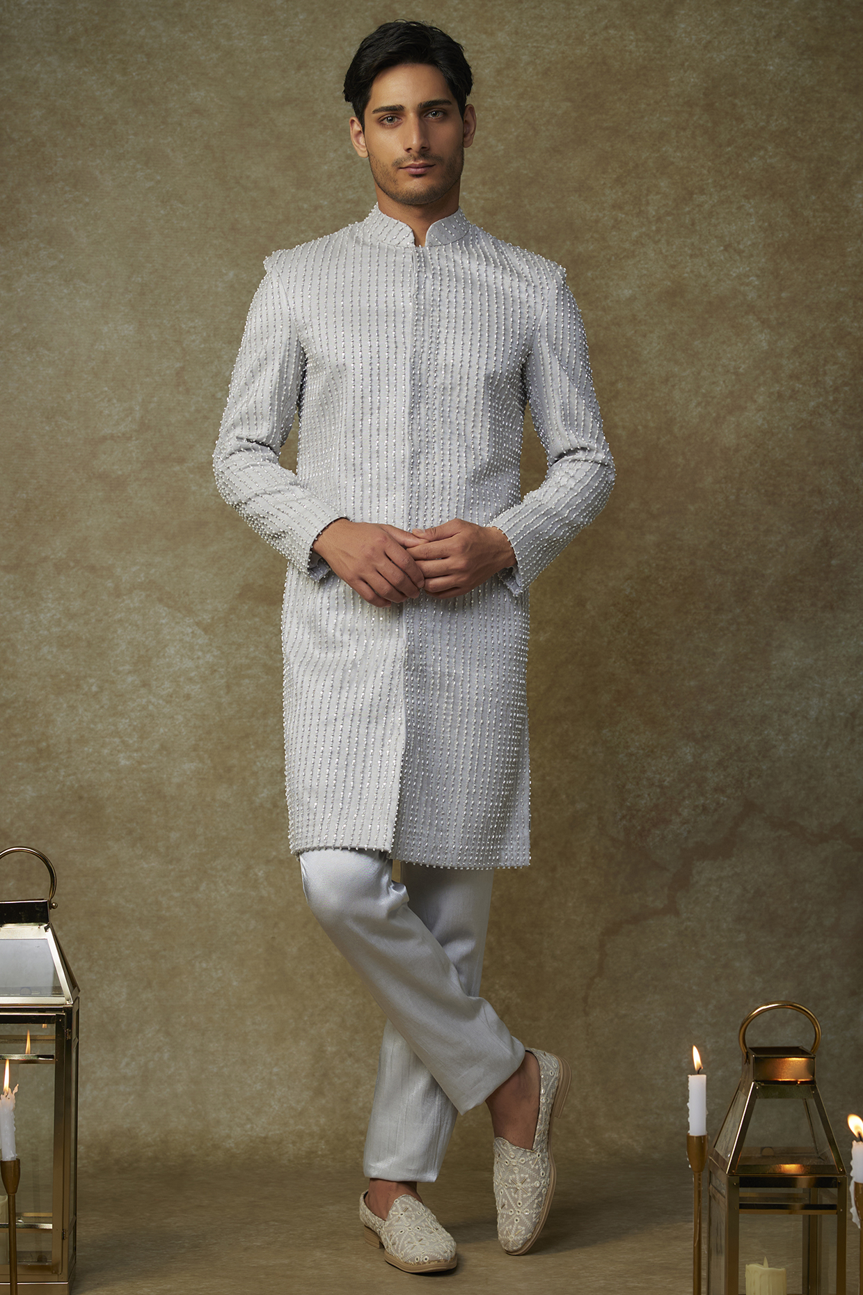 Grey Viscose Embroidered Sherwani Set by MASUMI MEWAWALLA MEN