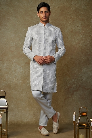 Grey Viscose Embroidered Sherwani Set by MASUMI MEWAWALLA MEN