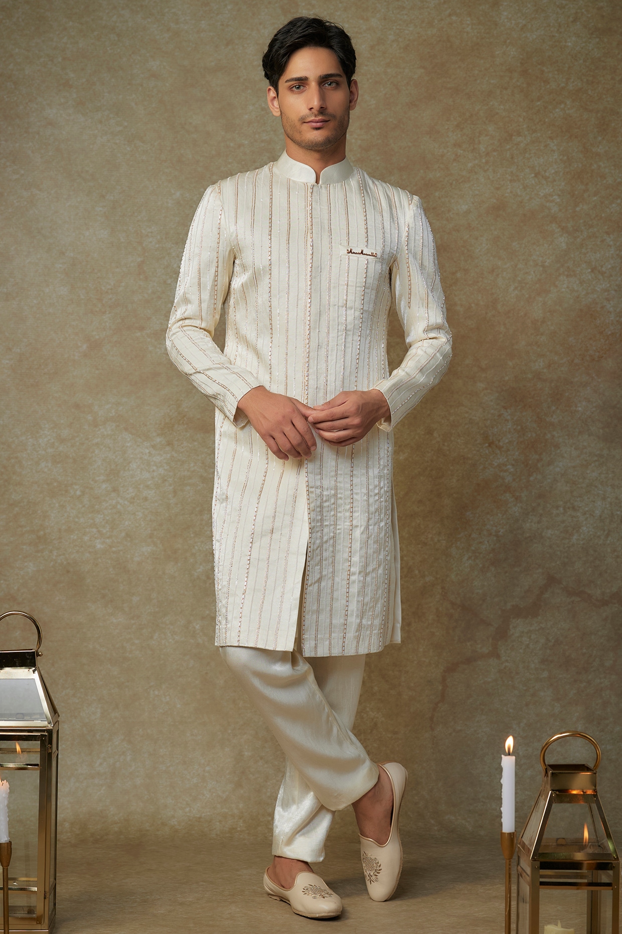MASUMI MEWAWALLA Butter Yellow Viscose Embroidered Sherwani Set