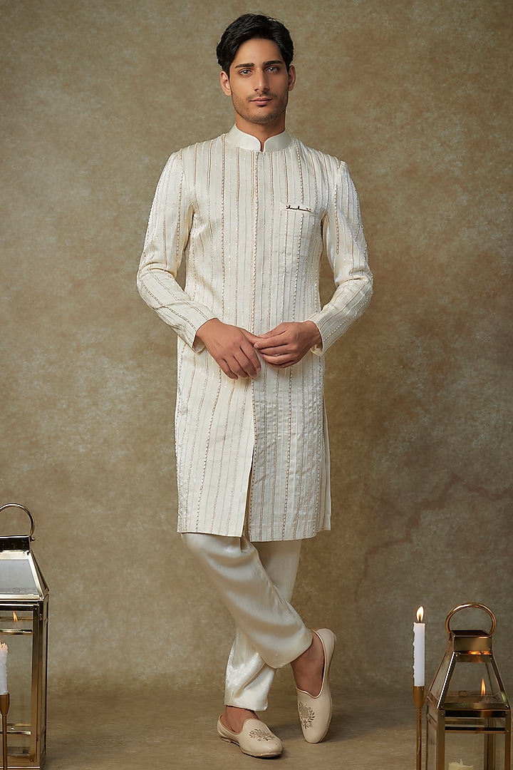 Butter Yellow Viscose Embroidered Sherwani Set by MASUMI MEWAWALLA MEN