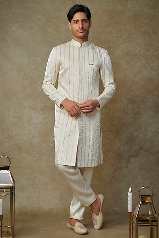 Butter Yellow Viscose Embroidered Sherwani Set by MASUMI MEWAWALLA MEN