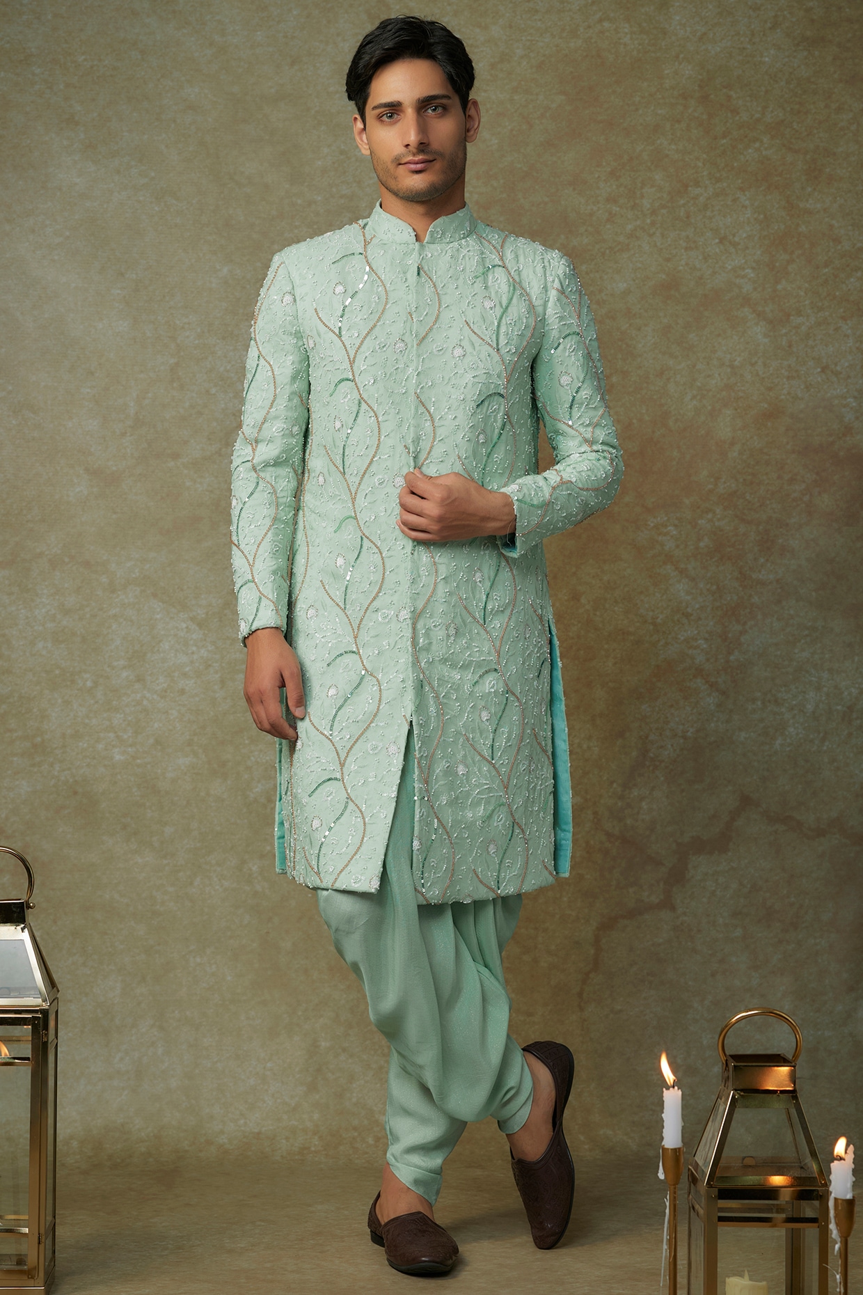 MASUMI MEWAWALLA Mint Green Viscose Embroidered Sherwani Set