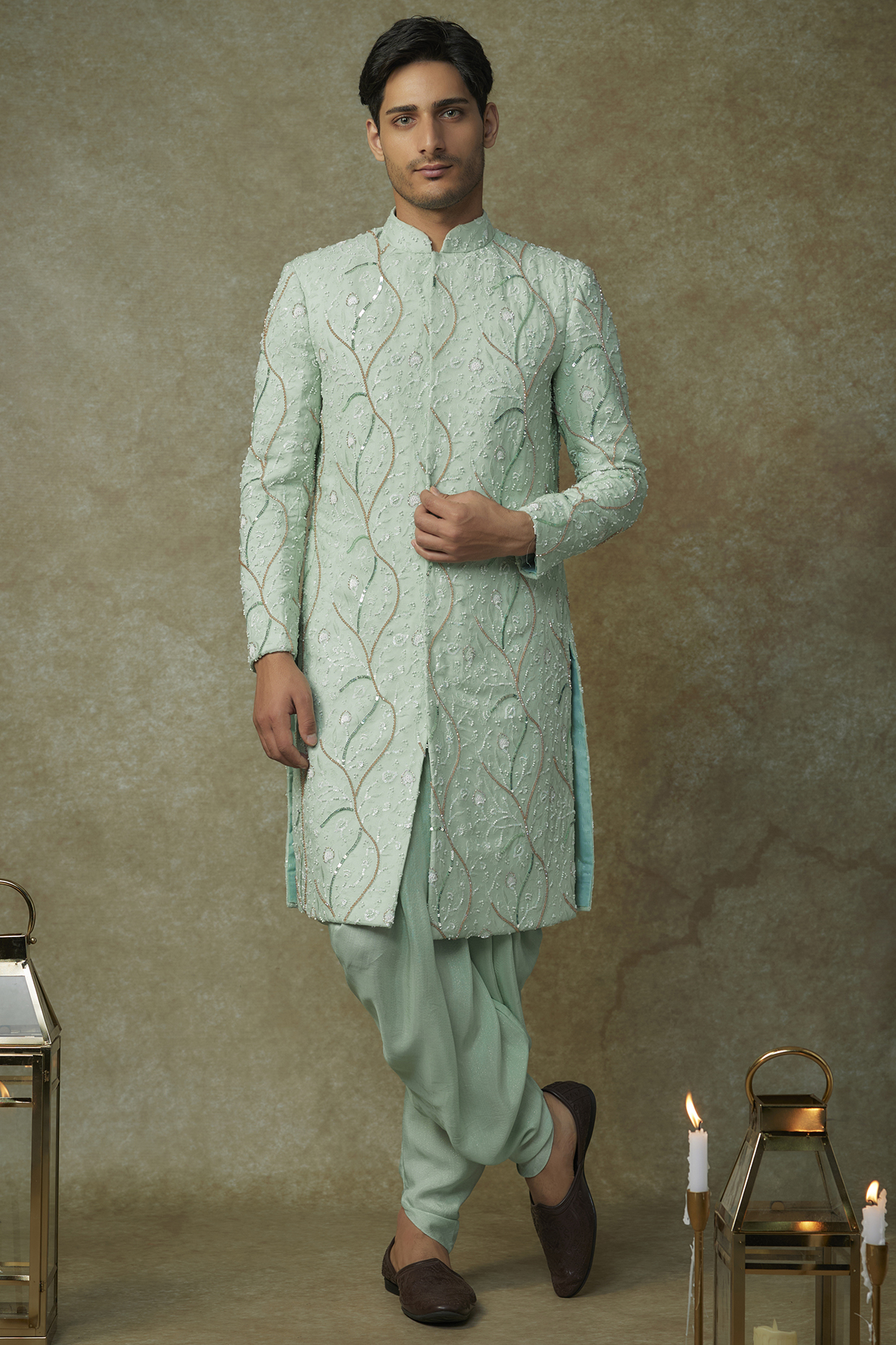 Mint Green Viscose Embroidered Sherwani Set by MASUMI MEWAWALLA MEN
