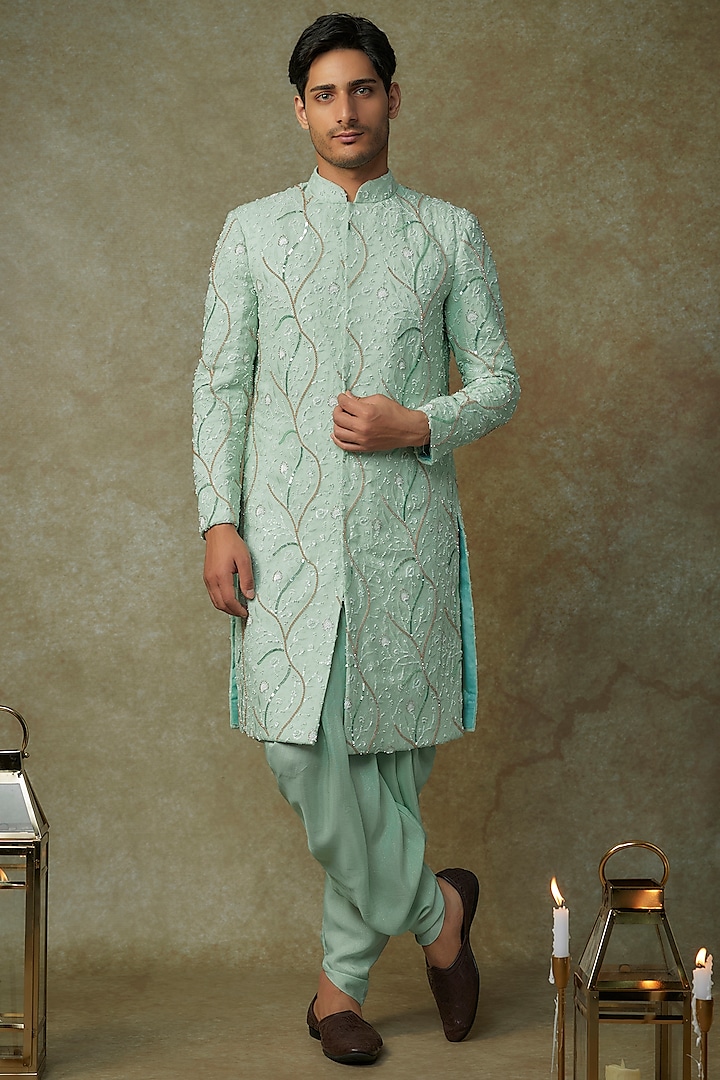 Mint Green Viscose Embroidered Sherwani Set by MASUMI MEWAWALLA MEN