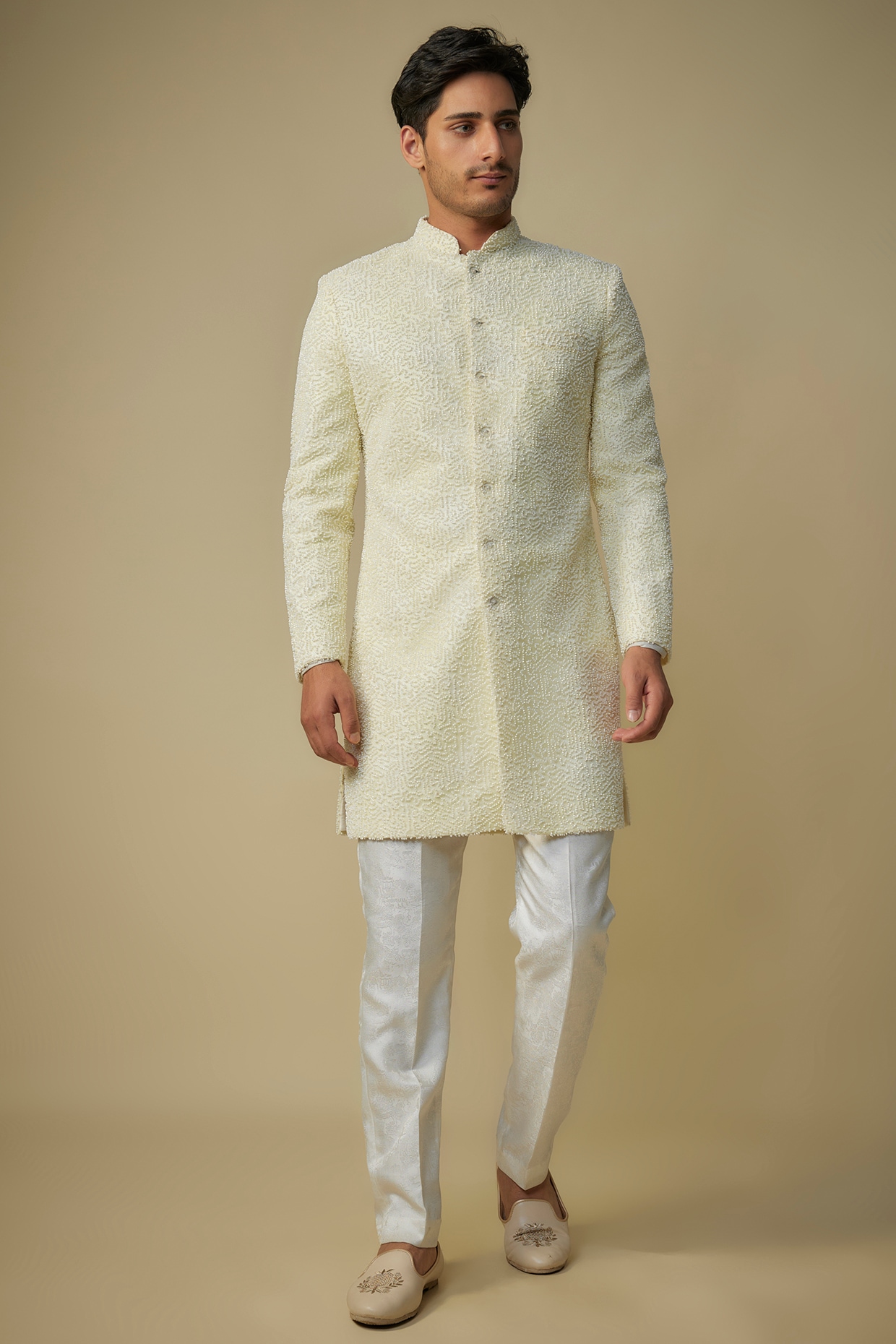 MASUMI MEWAWALLA Yellow Viscose Embroidered Sherwani Set