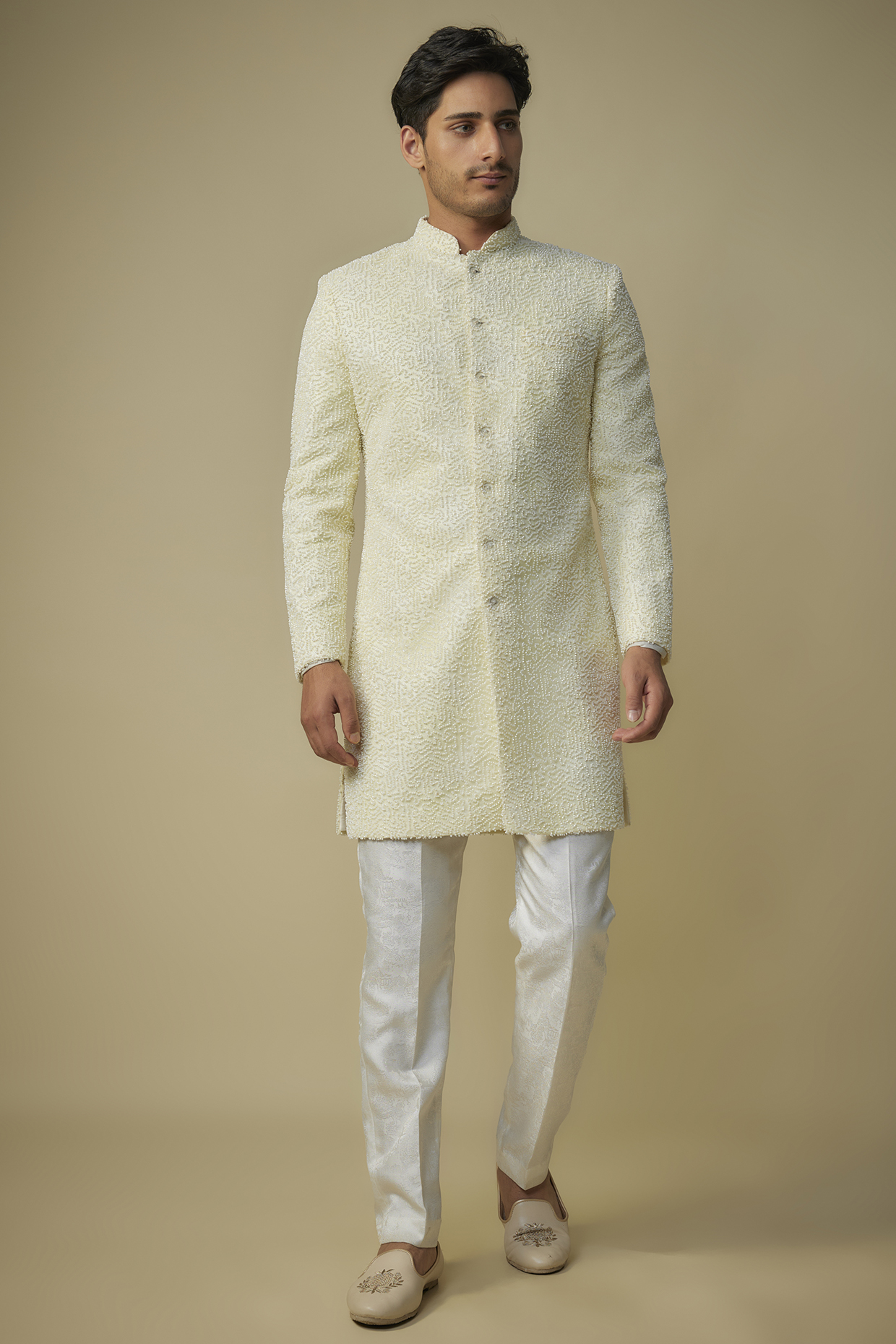 Yellow Viscose Embroidered Sherwani Set by MASUMI MEWAWALLA MEN