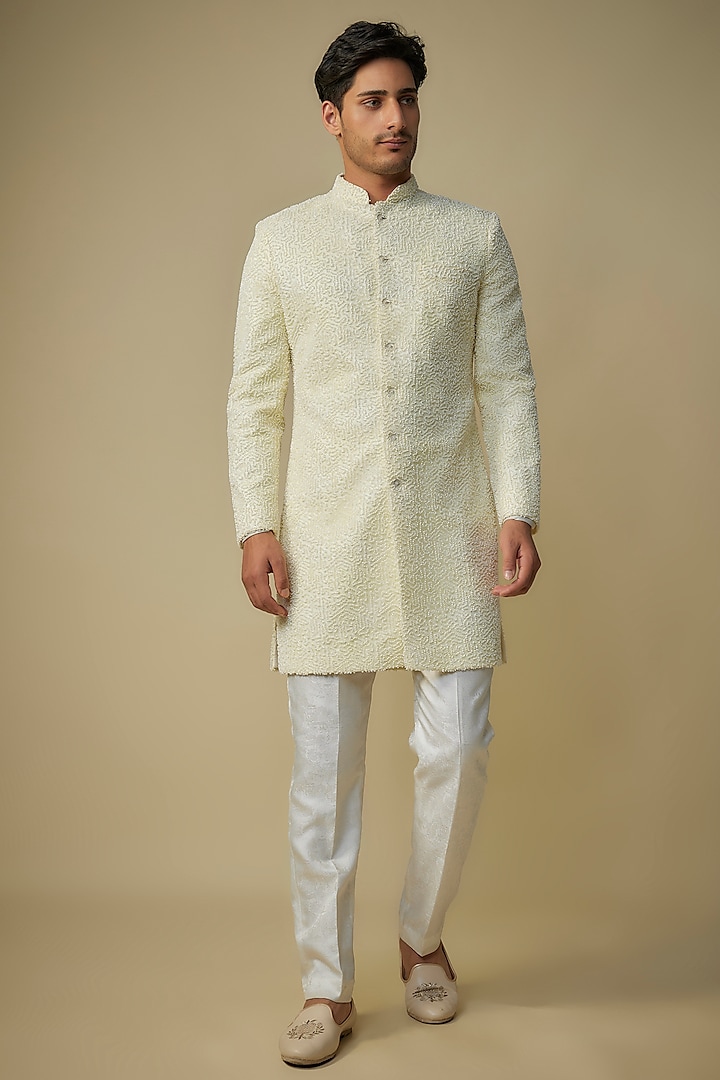 Yellow Viscose Embroidered Sherwani Set by MASUMI MEWAWALLA MEN