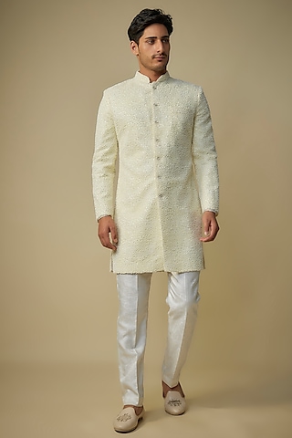 Yellow Viscose Embroidered Sherwani Set by MASUMI MEWAWALLA MEN