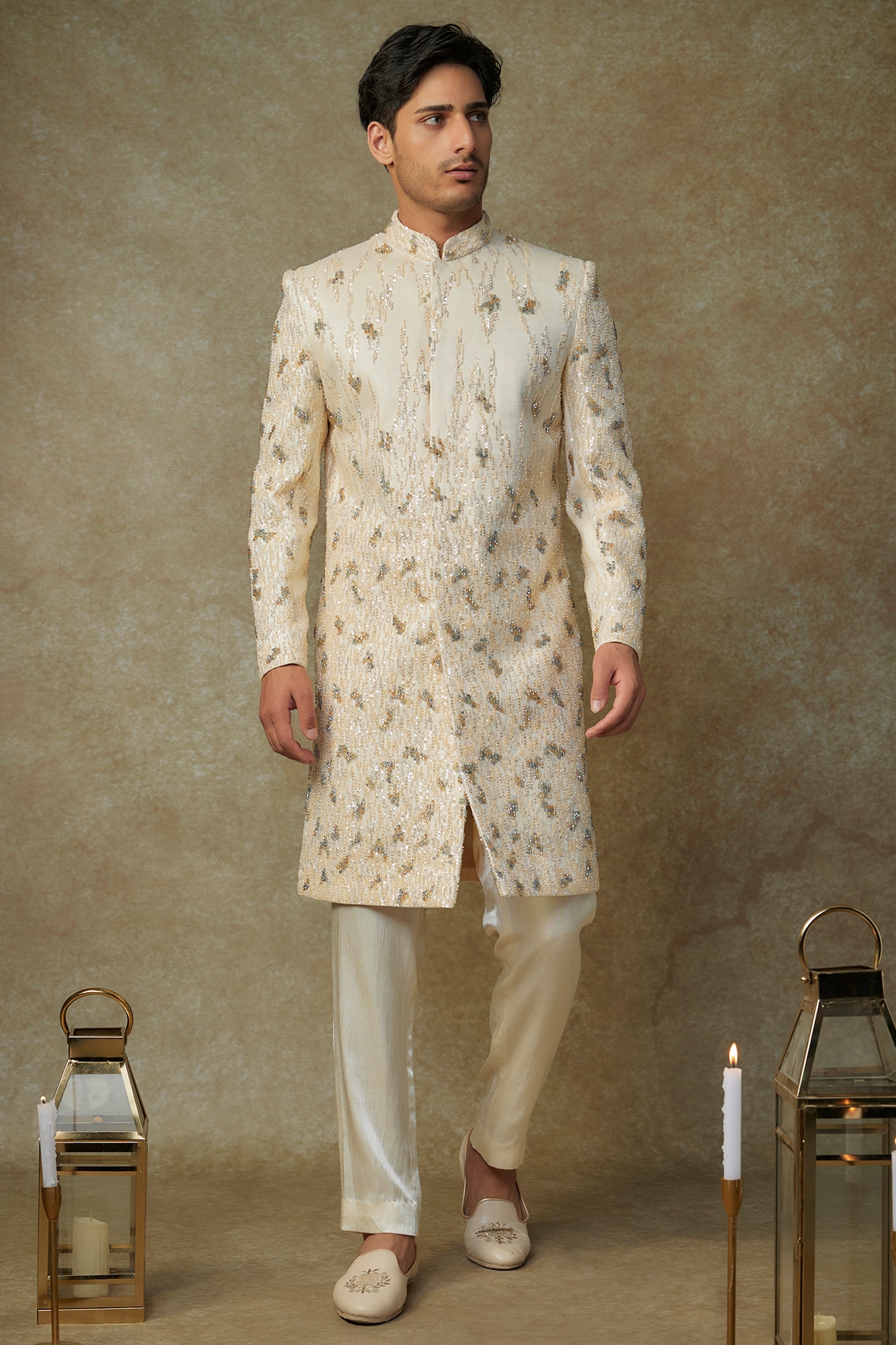 MASUMI MEWAWALLA Beige Viscose Crystal Embroidered Sherwani Set