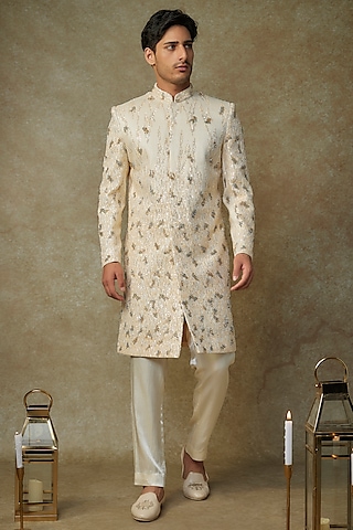 Beige Viscose Crystal Embroidered Sherwani Set by MASUMI MEWAWALLA MEN