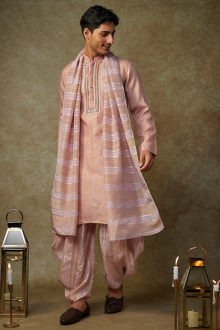 Peach Tissue Embroidered Kurta Set by MASUMI MEWAWALLA MEN