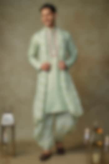 Sage Green Tissue Embroidered Kurta Set by MASUMI MEWAWALLA MEN