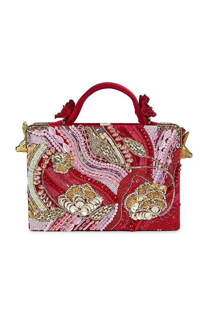 Red Satin Crystal & Sequins Embroidered Handbag by Papa don't preach by Shubhika Accessories at Pernia's Pop Up Shop