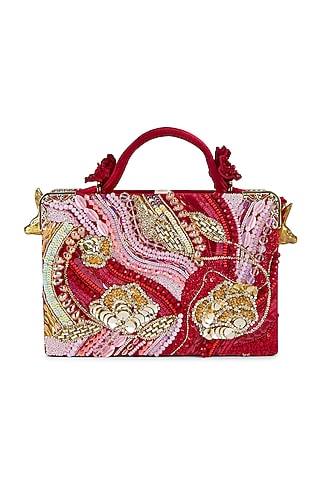 Red Satin Crystal & Sequins Embroidered Handbag by Papa don't preach by Shubhika Accessories