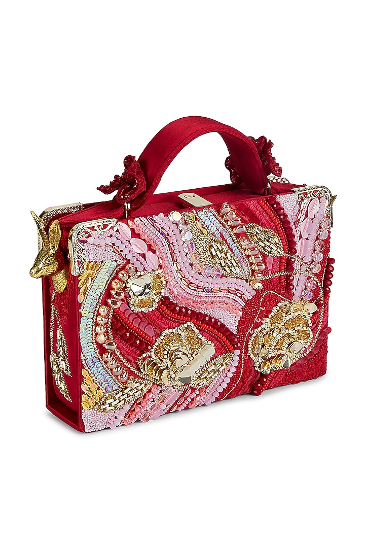 Red Satin Crystal & Sequins Embroidered Handbag by Papa don't preach by Shubhika Accessories at Pernia's Pop Up Shop