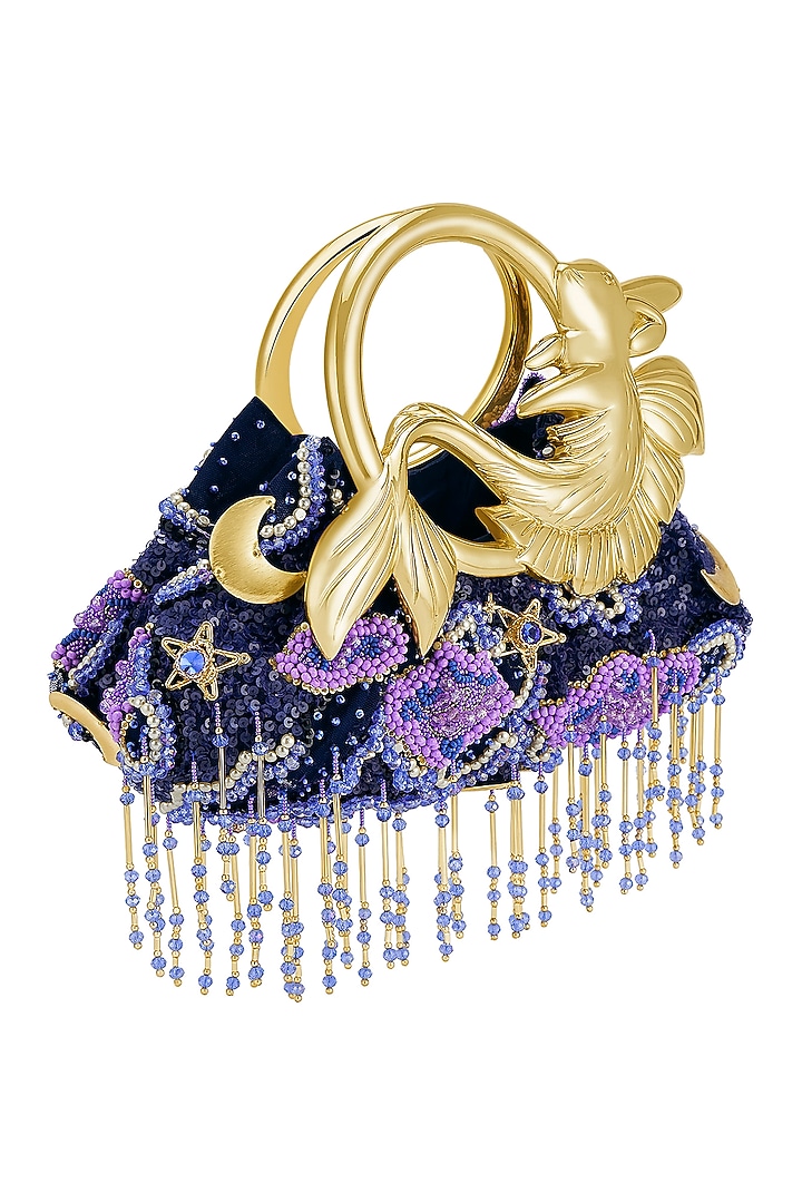 Blue Tulle Crystal & Sequins Embellished Handbag by Papa don't preach by Shubhika Accessories at Pernia's Pop Up Shop