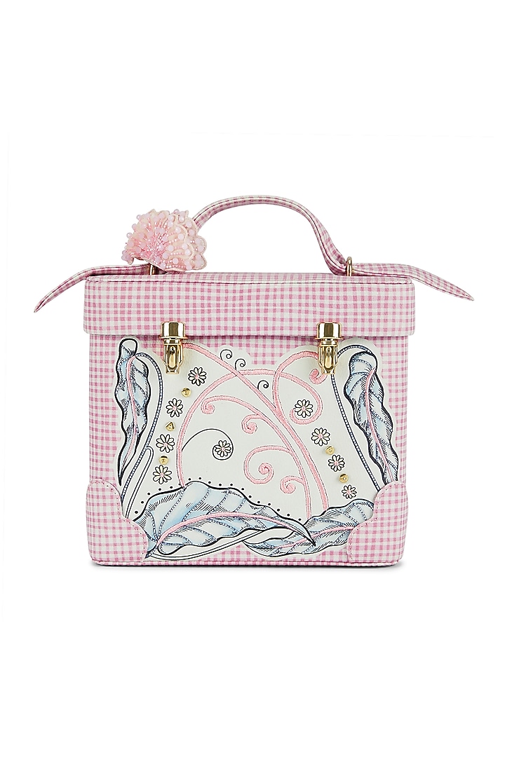 Pink Faux Leather Glass Cut Beads Work Structured Handbag by Papa don't preach by Shubhika Accessories at Pernia's Pop Up Shop