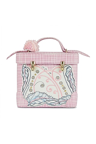 Pink Faux Leather Glass Cut Beads Work Structured Handbag by Papa don't preach by Shubhika Accessories