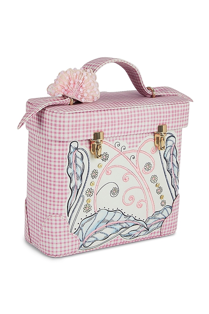 Pink Faux Leather Glass Cut Beads Work Structured Handbag by Papa don't preach by Shubhika Accessories at Pernia's Pop Up Shop
