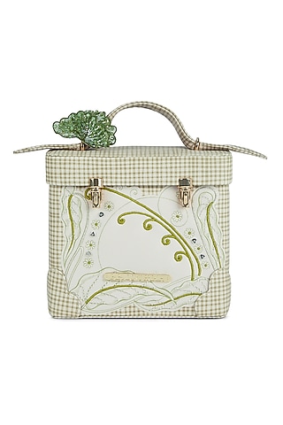 Green Faux Leather Glass Beads Embroidered Structured Handbag by Papa don't preach by Shubhika Accessories