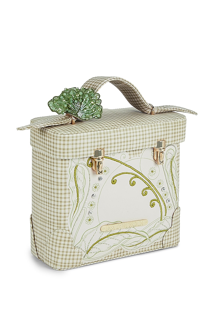 Green Faux Leather Glass Beads Embroidered Structured Handbag by Papa don't preach by Shubhika Accessories at Pernia's Pop Up Shop