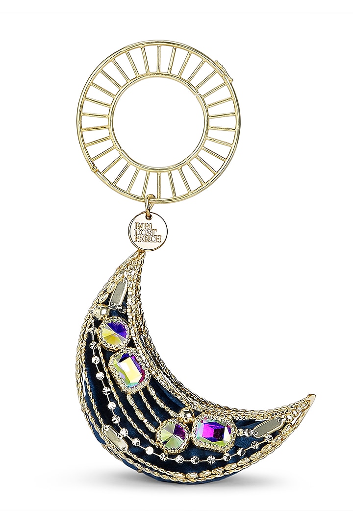 Blue Velvet & Brass Crescent-Shaped Bangle Bag by Papa don't preach by Shubhika Accessories at Pernia's Pop Up Shop
