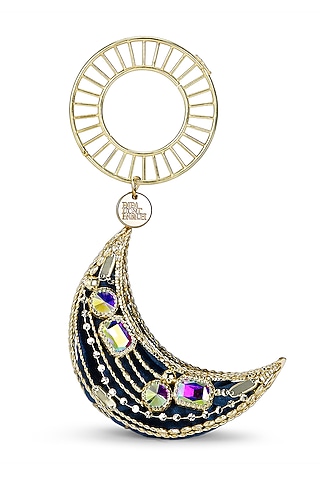 Blue Velvet & Brass Crescent-Shaped Bangle Bag by Papa don't preach by Shubhika Accessories