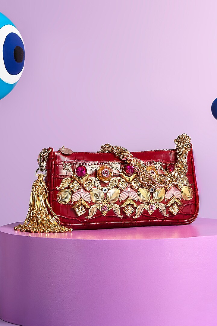Maroon Embellished Bag by Papa don't preach by Shubhika Accessories at Pernia's Pop Up Shop