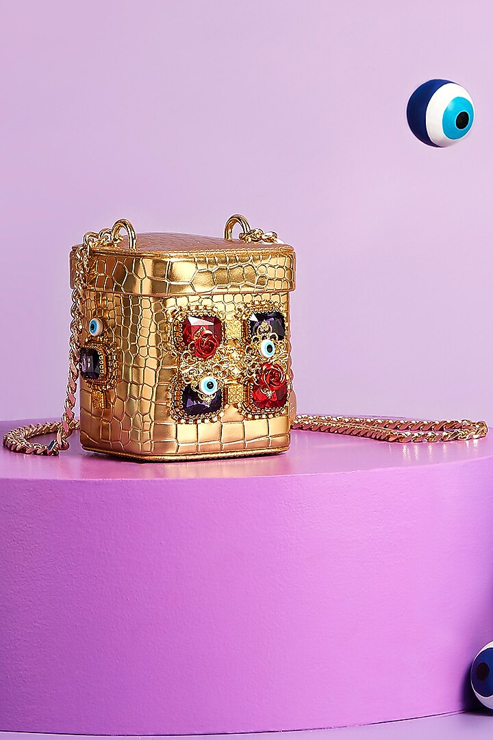 Gold Embellished Camera Crossbody Bag by Papa don't preach by Shubhika Accessories at Pernia's Pop Up Shop