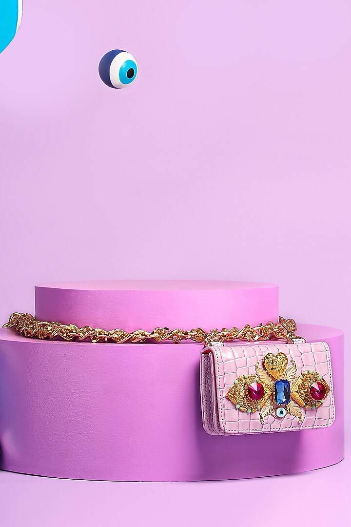 Lilac Faux Leather Embellished Belt Bag by Papa don't preach by Shubhika Accessories at Pernia's Pop Up Shop