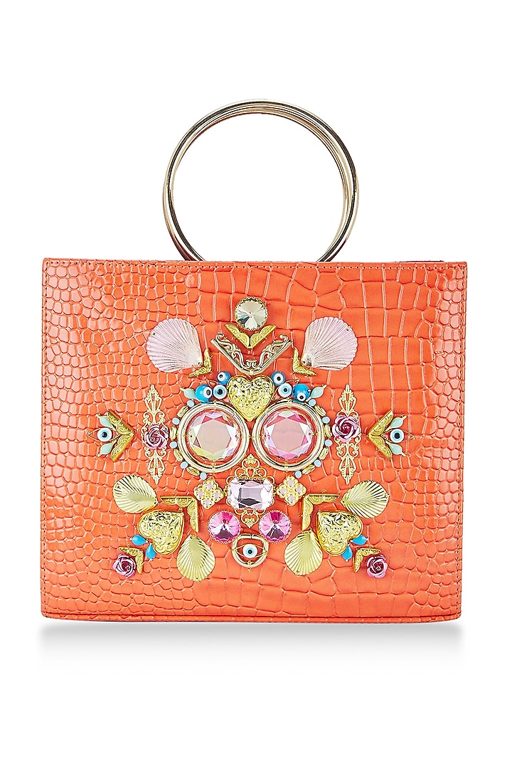 Orange Embellished Tote Bag by Papa don't preach by Shubhika Accessories