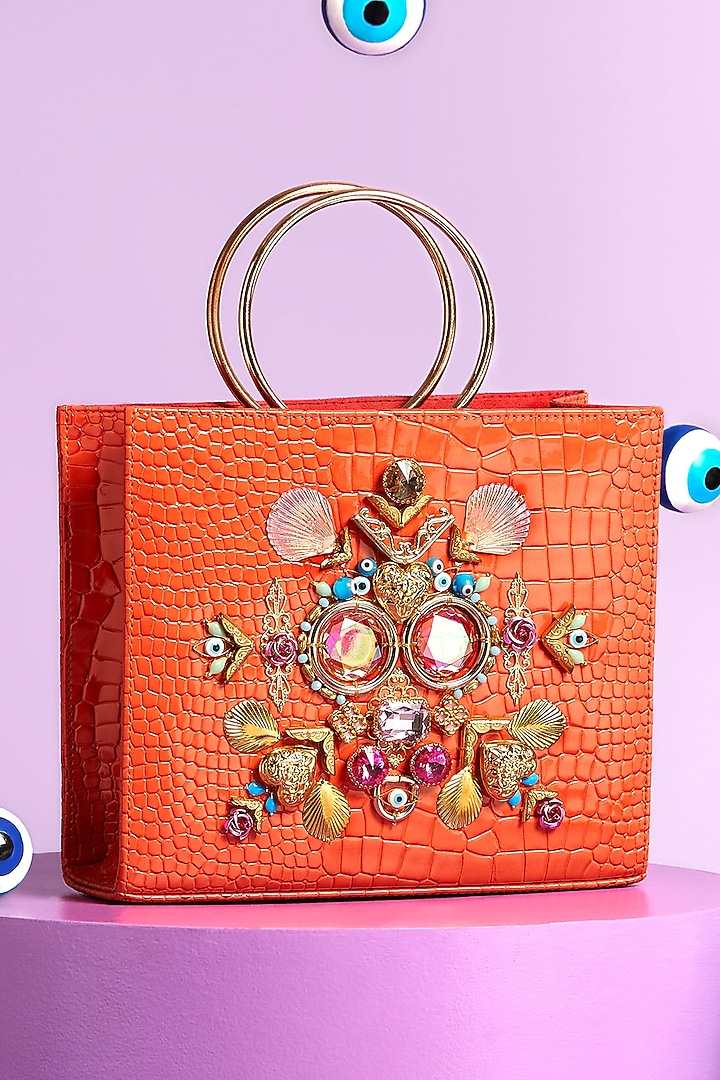 Orange Embellished Tote Bag by Papa don't preach by Shubhika Accessories at Pernia's Pop Up Shop