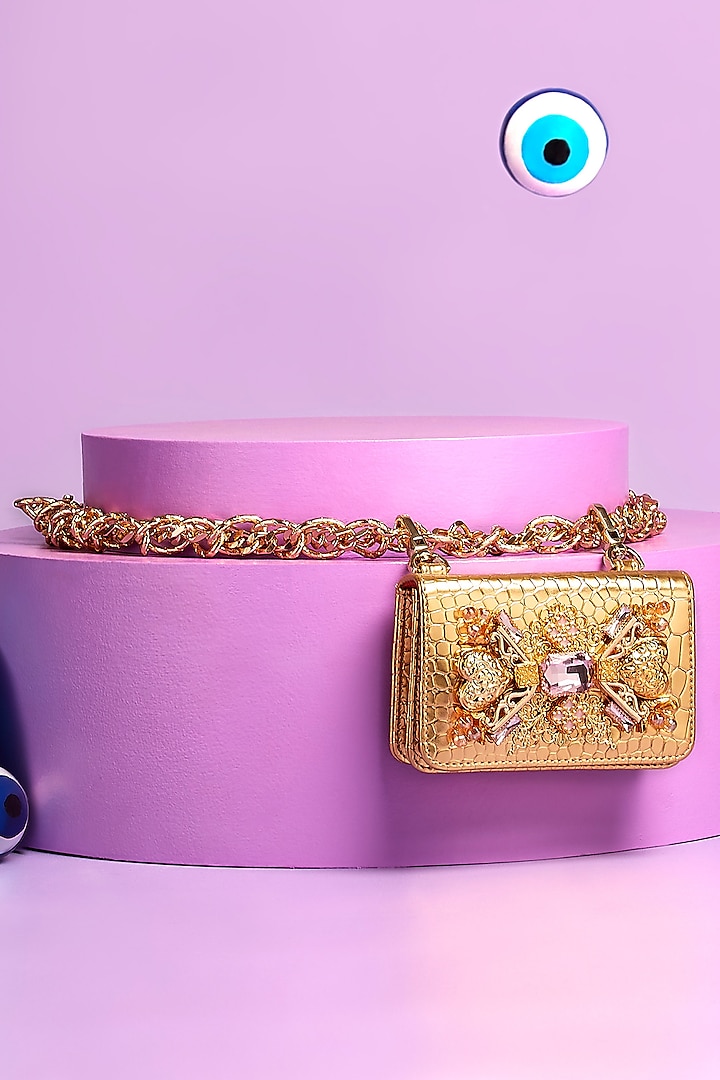 Gold Faux Leather Stone Embellished Belt Bag by Papa don't preach by Shubhika Accessories at Pernia's Pop Up Shop