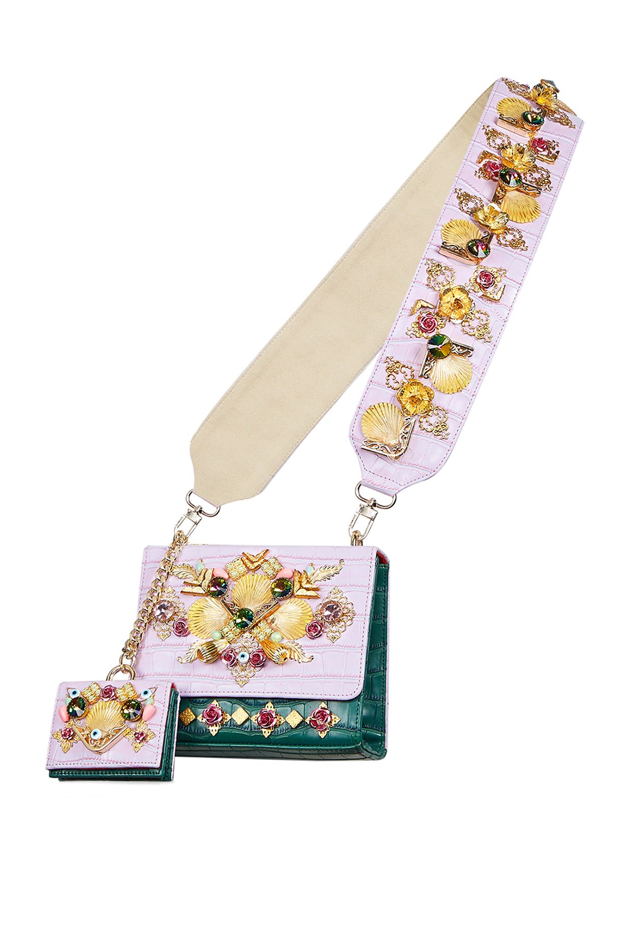 Frosted Lavender & Sacramento Green Embellished Crossbody Bag by Papa don't preach by Shubhika Accessories at Pernia's Pop Up Shop
