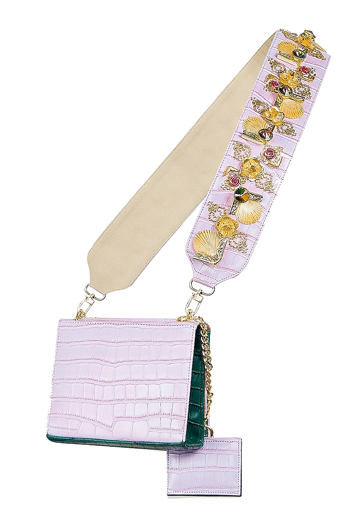 Frosted Lavender & Sacramento Green Embellished Crossbody Bag by Papa don't preach by Shubhika Accessories at Pernia's Pop Up Shop