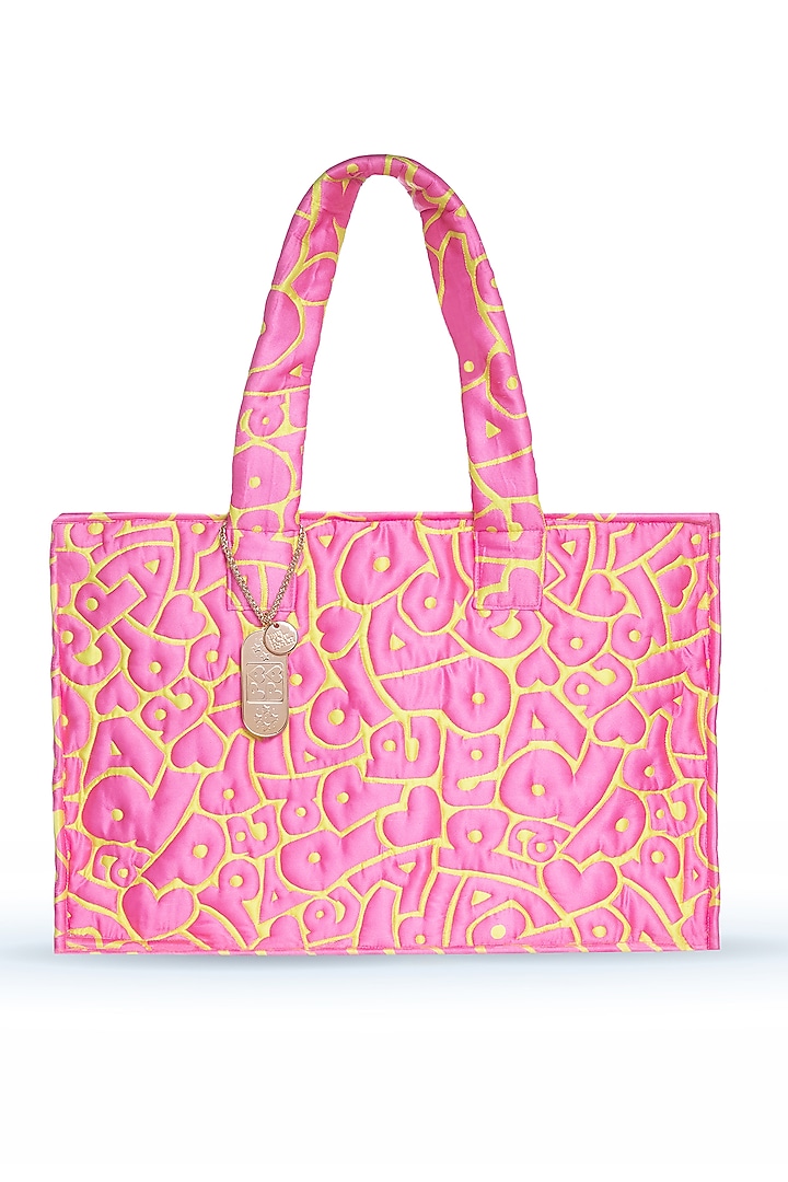 Pink Satin Printed Tote Bag Design by Papa don't preach by Shubhika