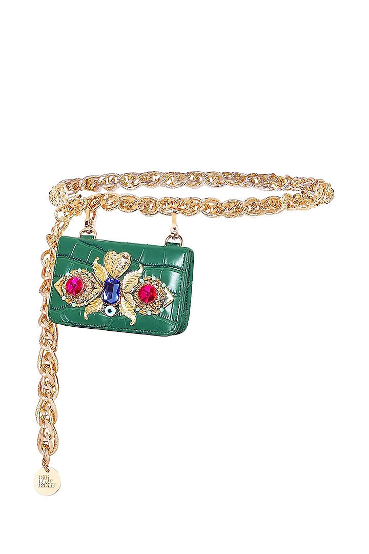 Sacramento Green Faux Leather Embellished Belt Bag by Papa don't preach by Shubhika Accessories at Pernia's Pop Up Shop