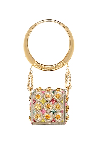 Gold Faux Leather & Metal Embroidered Mini Cube Bag by Papa don't preach by Shubhika Accessories