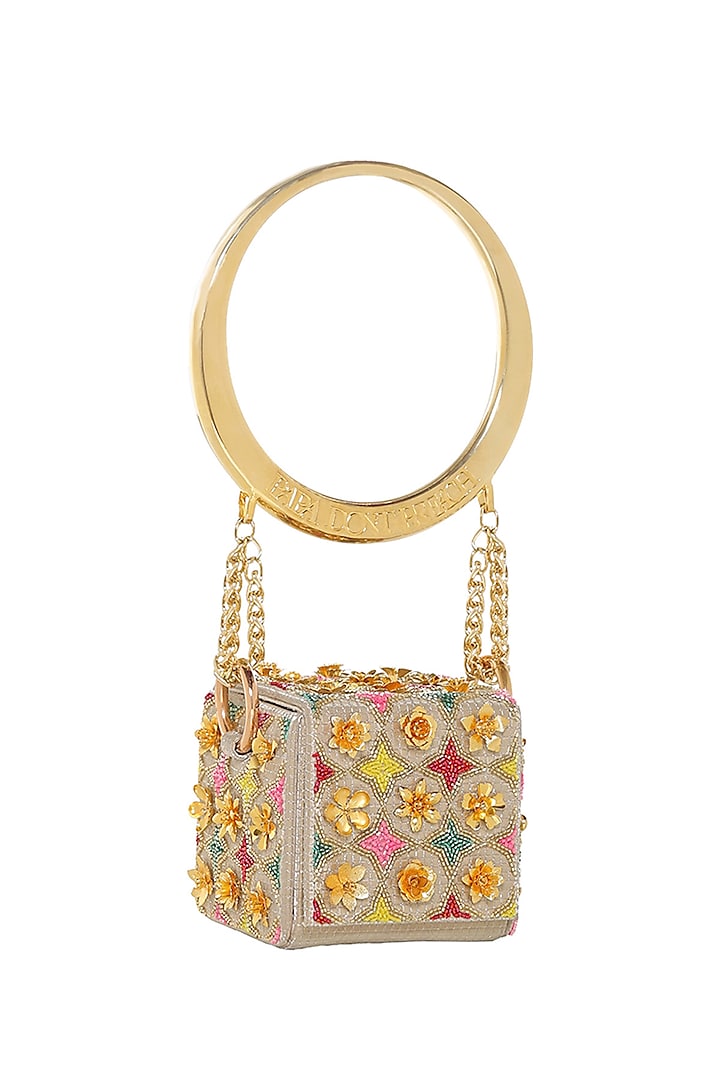 Gold Faux Leather & Metal Embroidered Mini Cube Bag by Papa don't preach by Shubhika Accessories at Pernia's Pop Up Shop