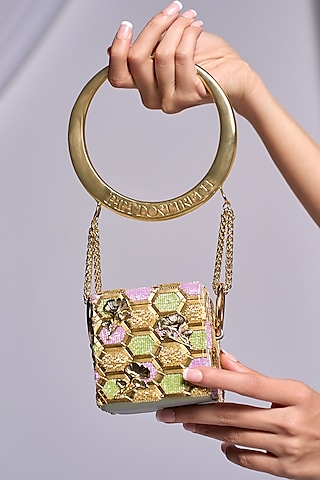 Gold Faux Leather Floral Embellished Mini Cube Bag by Papa don't preach by Shubhika Accessories