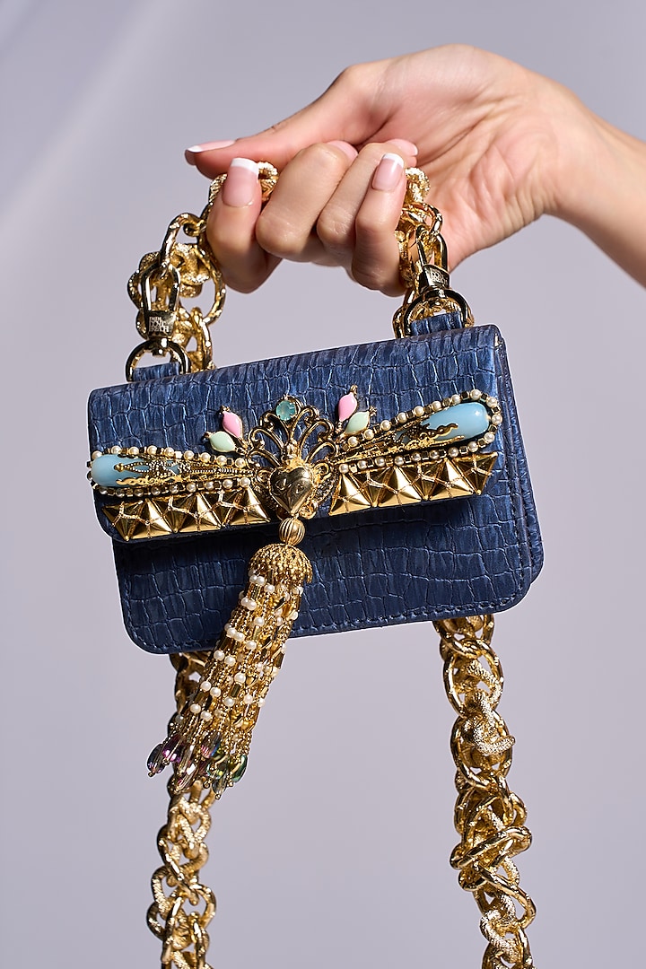 Midnight Blue Faux Leather Swarovski & Pearl Embellished Mini Bag by Papa don't preach by Shubhika Accessories at Pernia's Pop Up Shop