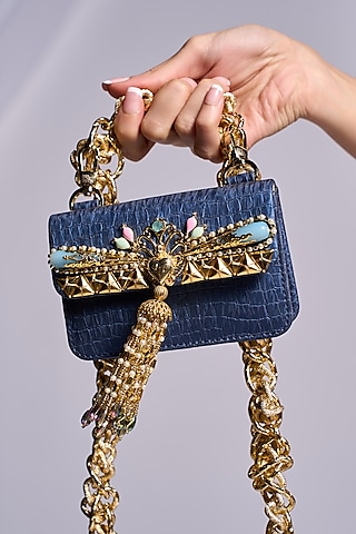 Midnight Blue Faux Leather Swarovski & Pearl Embellished Mini Bag by Papa don't preach by Shubhika Accessories