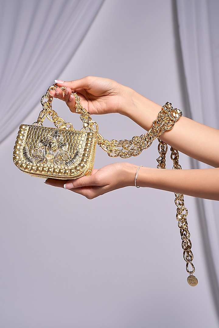 Gold Faux Leather Embroidered Mini Bag by Papa don't preach by Shubhika Accessories at Pernia's Pop Up Shop
