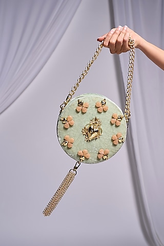 Mint Green Velvet Motif Embroidered Crossbody Bag by Papa don't preach by Shubhika Accessories