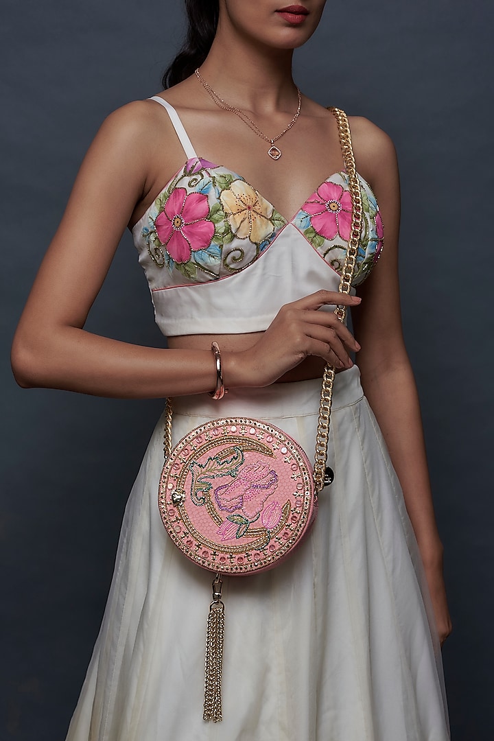 Blush Pink Faux Leather Crystal & Metal Embellished Cross-Body Bag by Papa don't preach by Shubhika Accessories at Pernia's Pop Up Shop