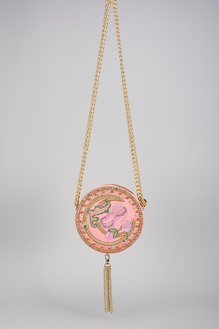 Blush Pink Faux Leather Crystal & Metal Embellished Cross-Body Bag by Papa don't preach by Shubhika Accessories at Pernia's Pop Up Shop