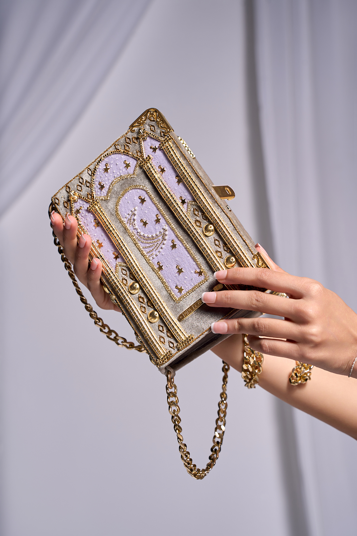 Grey Velvet Motif Embroidered Sling Bag by Papa don't preach by Shubhika Accessories at Pernia's Pop Up Shop