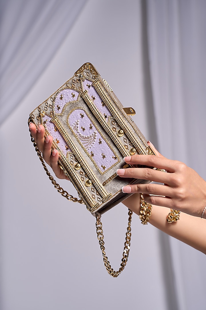 Grey Velvet Motif Embroidered Sling Bag by Papa don't preach by Shubhika Accessories at Pernia's Pop Up Shop