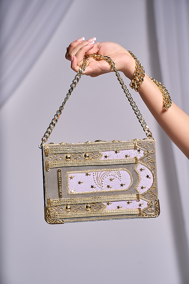 Grey Velvet Motif Embroidered Sling Bag by Papa don't preach by Shubhika Accessories at Pernia's Pop Up Shop