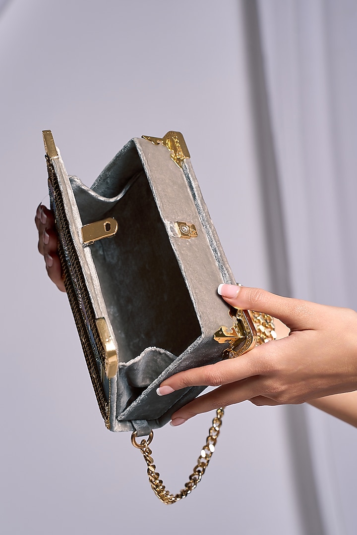 Grey Velvet Motif Embroidered Sling Bag by Papa don't preach by Shubhika Accessories at Pernia's Pop Up Shop